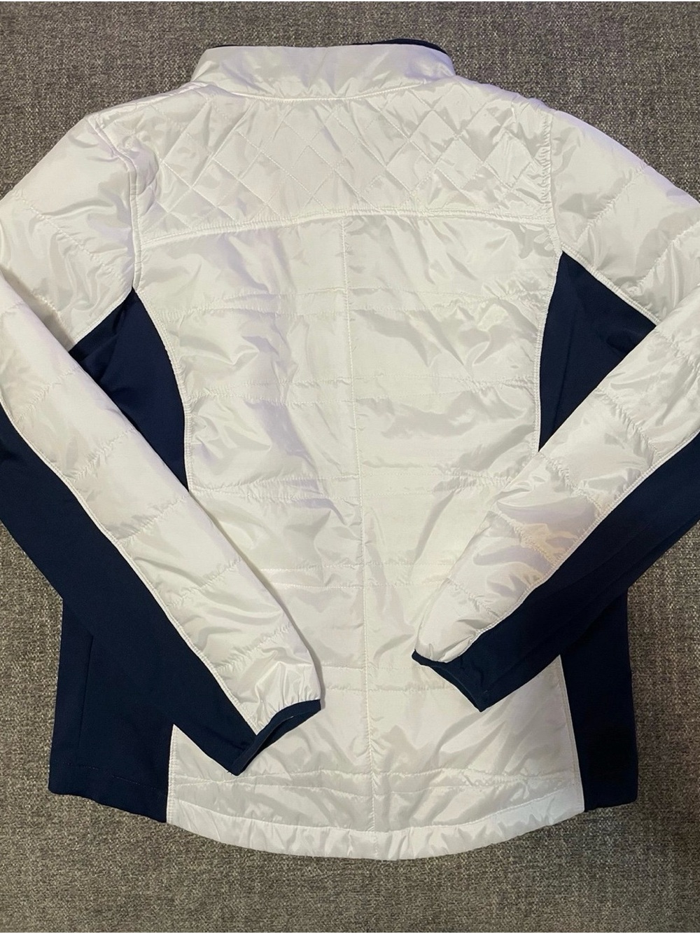 White & Navy Puff Jacket with Yellow Zip - Collegiate Style - Picture 4 of 5